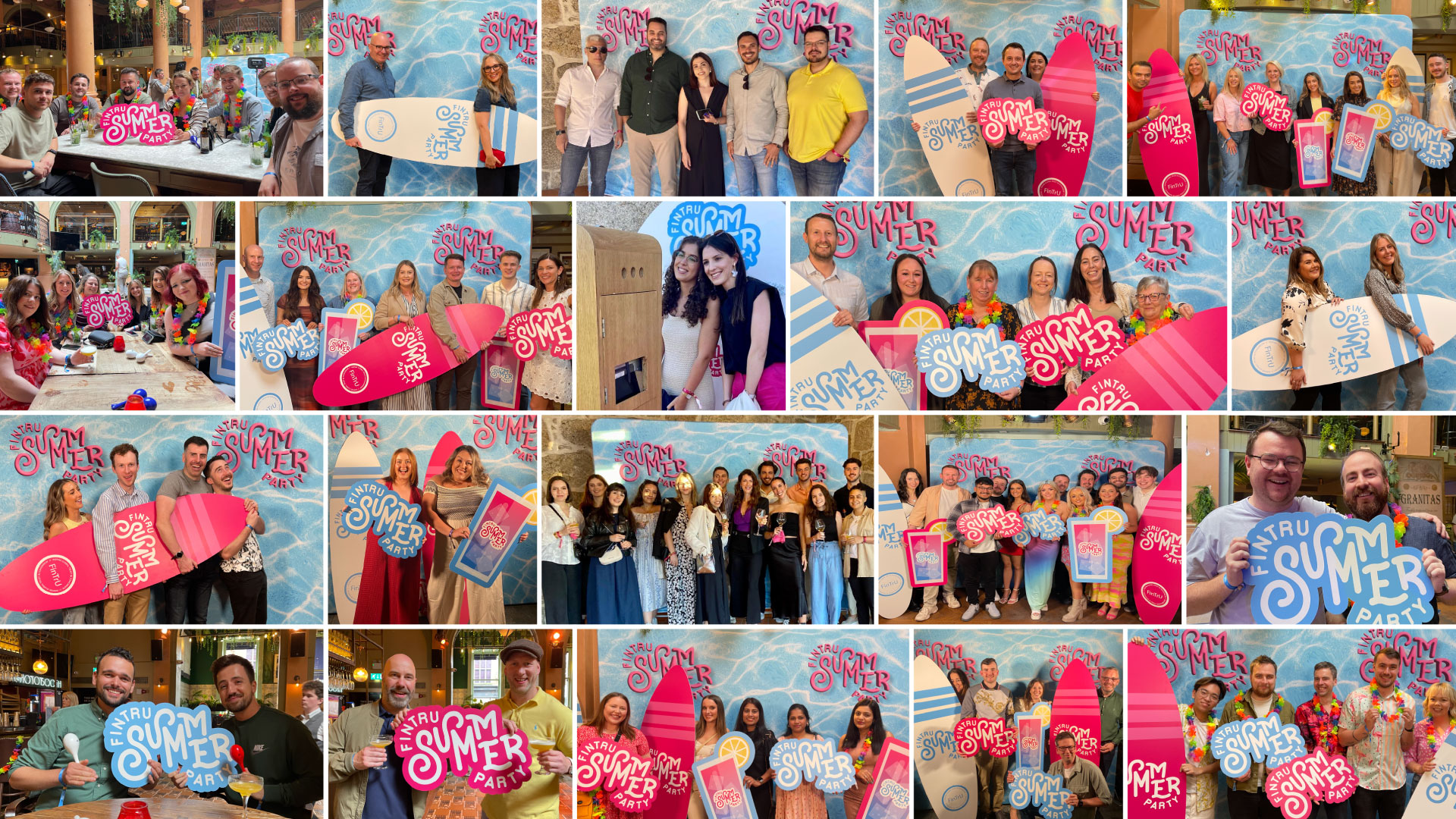 Summer Parties collage with FinTrU employees holding custom FinTrU Summer Party banners
